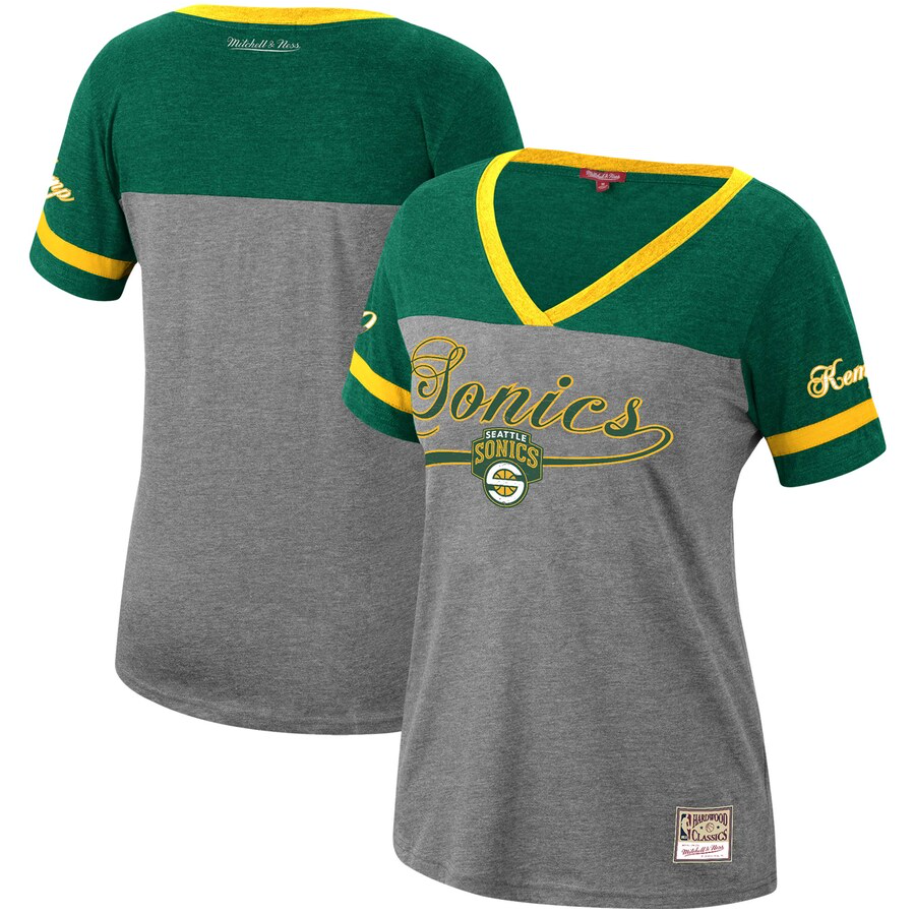 Women's Mitchell & Ness Shawn Kemp Heathered Charcoal Seattle SuperSonics Team Captain V-Neck T-Shirt