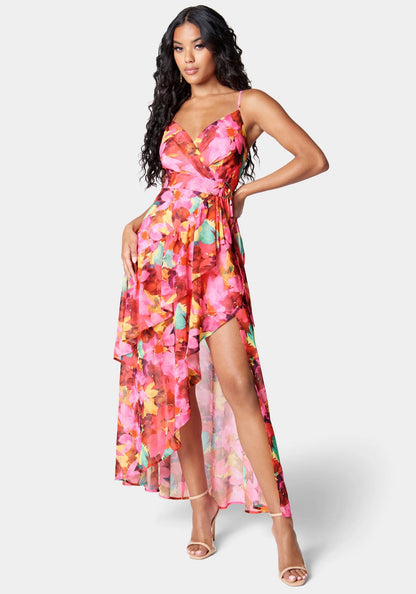 PRINTED RUFFLE WRAP DRESS