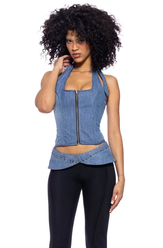 BELTED CORSET HALTER TOP IN VINTAGE BLUE DENIM