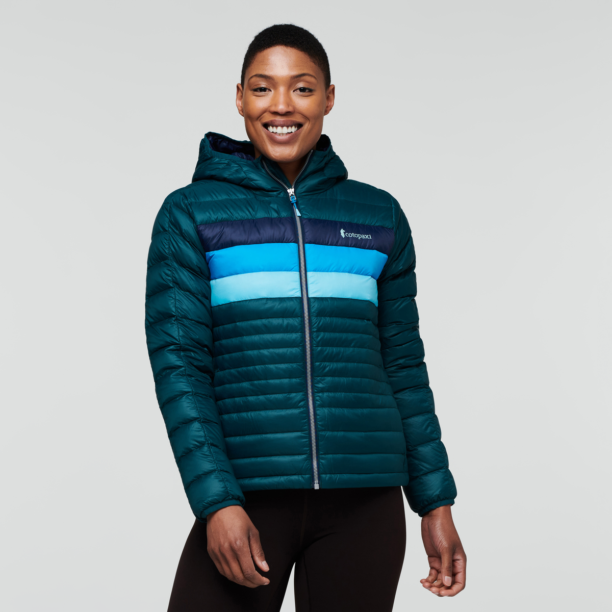 Fuego Down Hooded Jacket - Women's, Deep Ocean Stripes, Model Callie