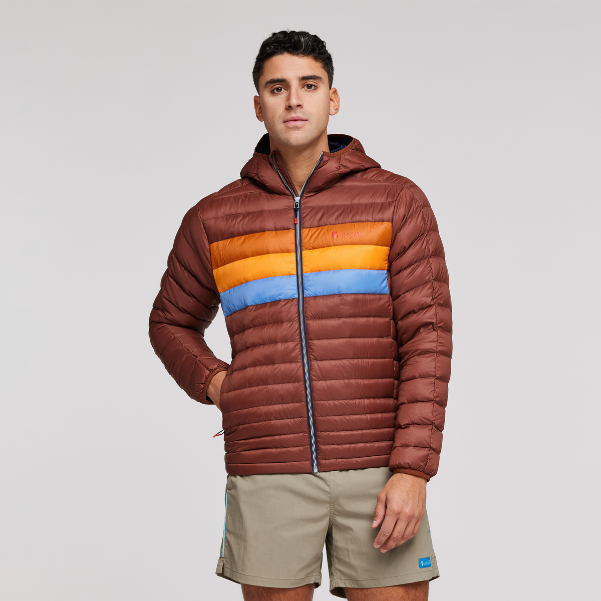 Fuego Hooded Down Jacket - Men's, Acorn Stripes, Model Munther