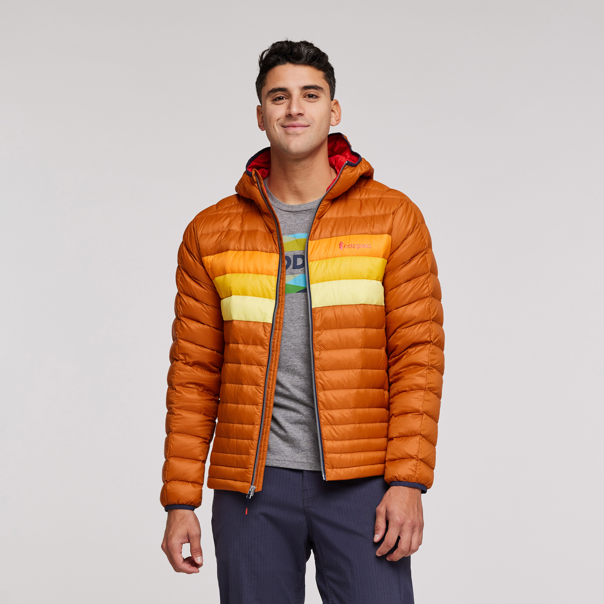 Fuego Down Hooded Jacket - Men's, Mezcal/Flame Stripes, Model Munther