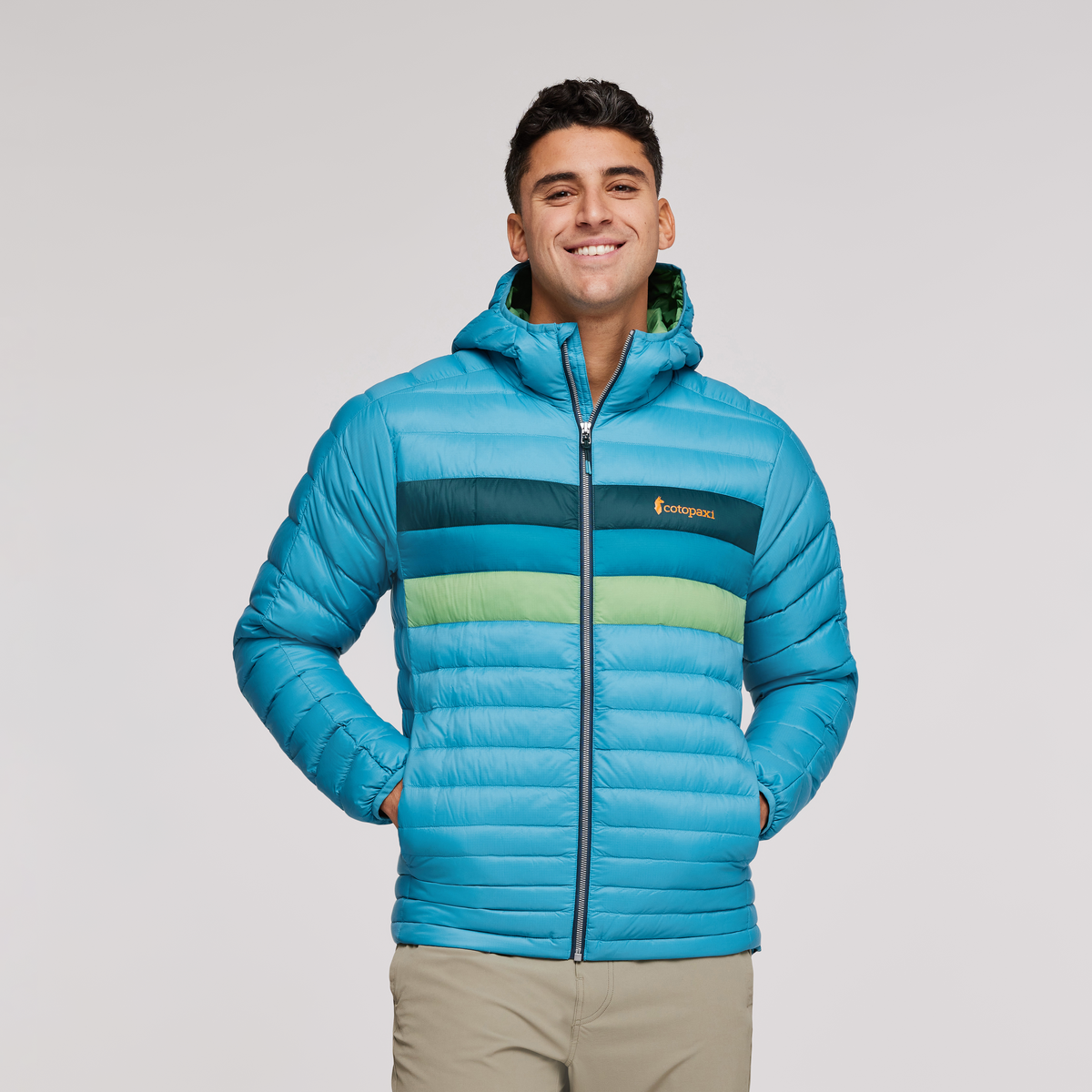 Fuego Hooded Down Jacket - Men's, Poolside Stripes, Model Munther