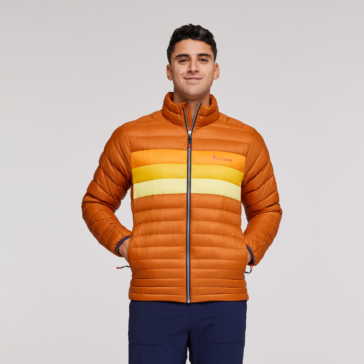 Fuego Down Jacket - Men's, Mezcal/Flame Stripes, Model Munther