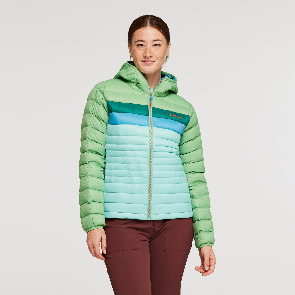 Fuego Down Hooded Jacket - Women's, Kelp/Sea Glass, Model Aya