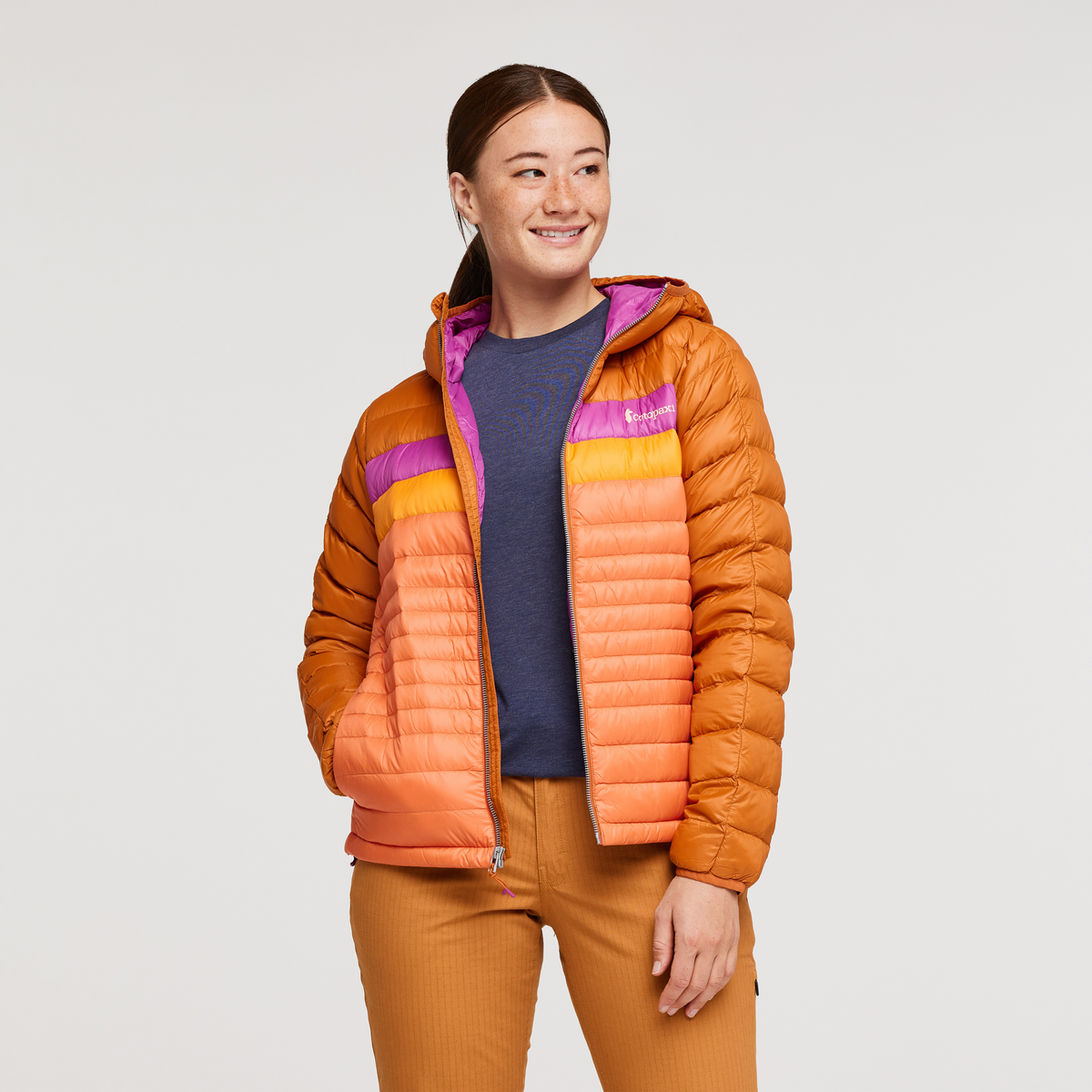 Fuego Down Hooded Jacket - Women's, Mezcal/Nectar, Model Aya